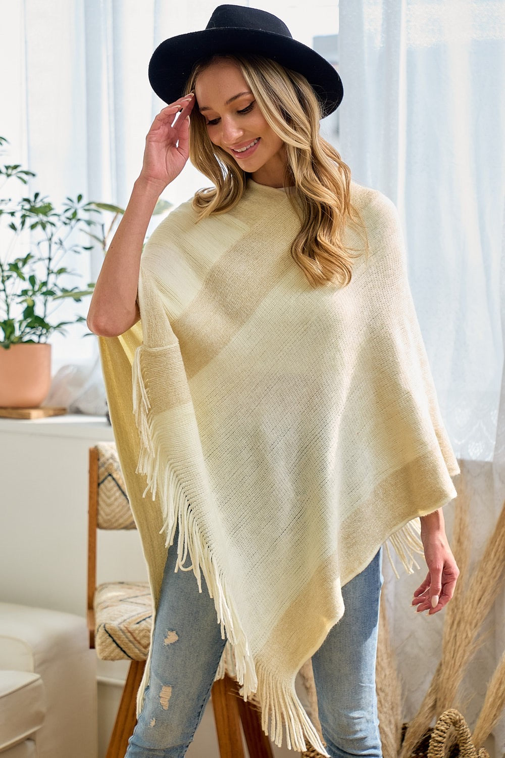 SWEATER COWL NECK PONCHO WITH FRINGE