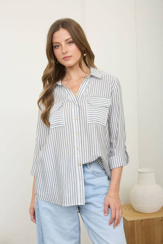 STRIPE COLLARED BUTTON DOWN LIGHTWEIGHT SHIRT
