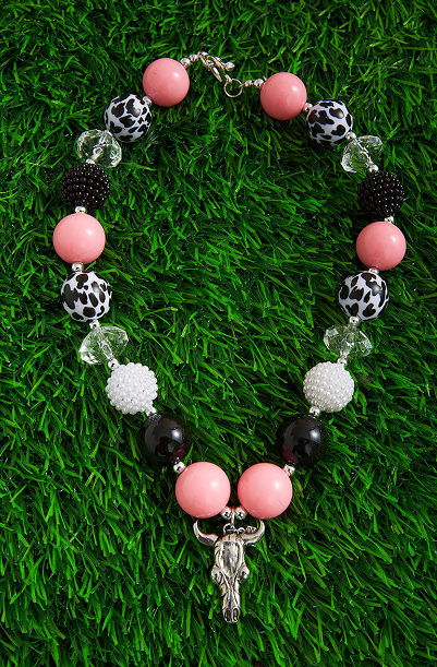 COW SPOTTED & PINK BUBBLE NECKLACE WITH COW SKULL PENDANT