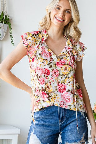 Floral Ruffle Mock Neck Top